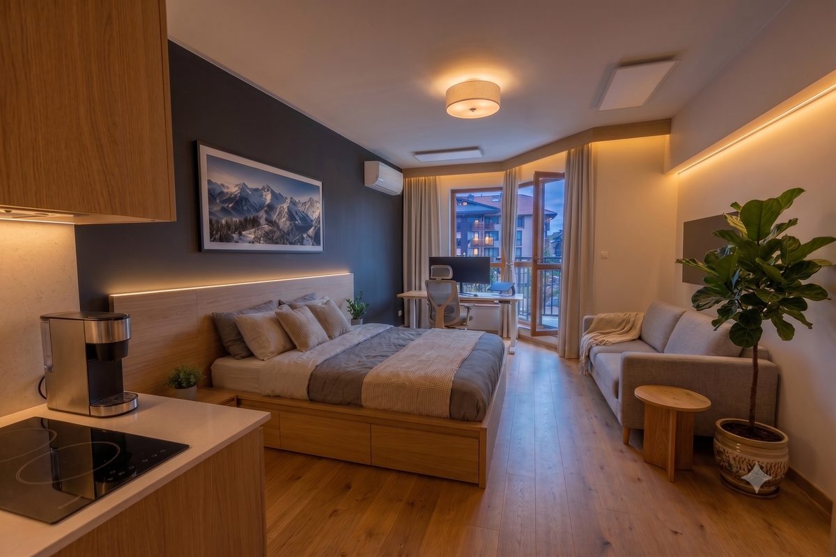 AI design visual of the same studio room, redesigned as a remote-ready apartment